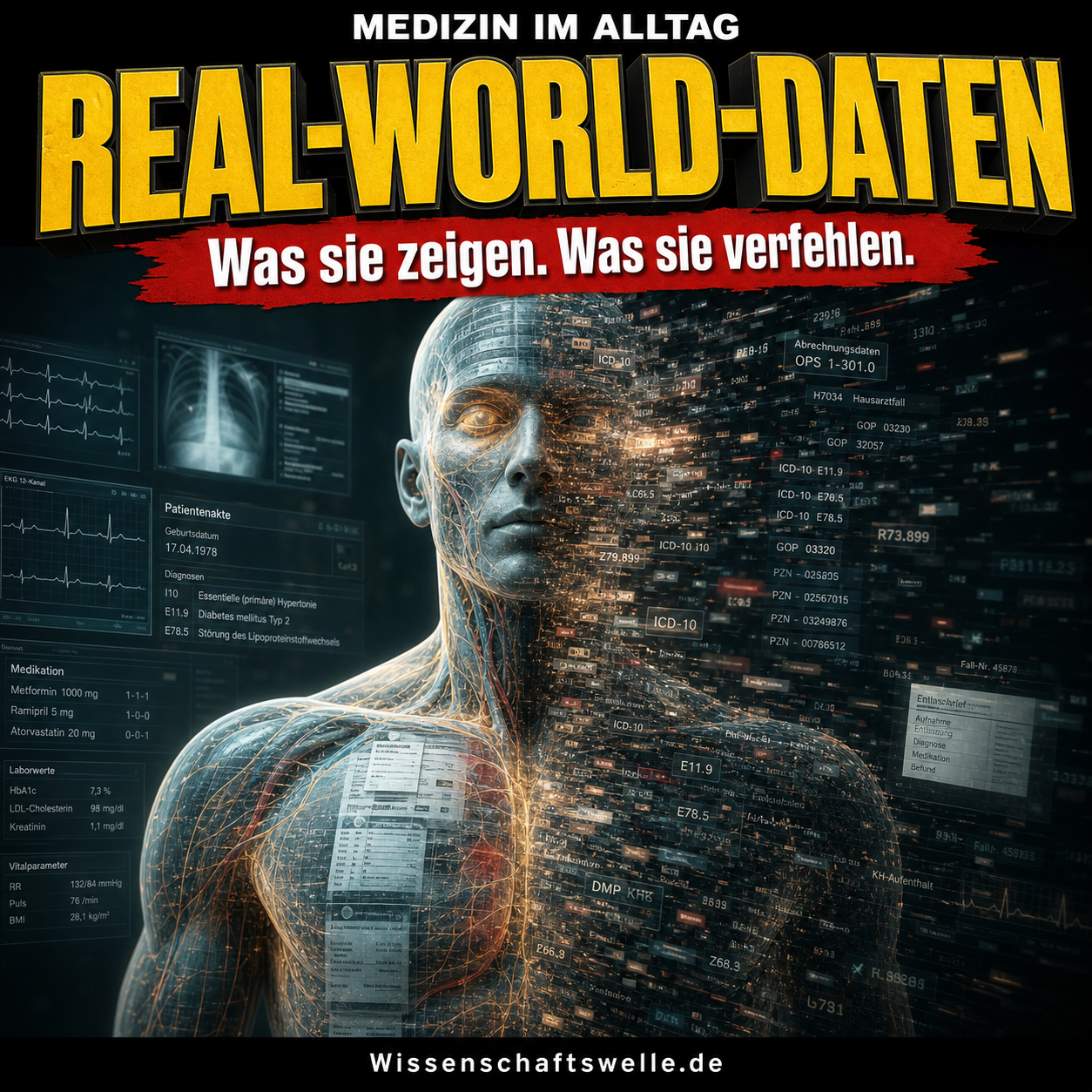 Transparenter menschlicher Oberkörper, der sich aus Patientenakte, ICD-Codes und medizinischen Datenspuren zusammensetzt, vor dunklem Klinikhintergrund.