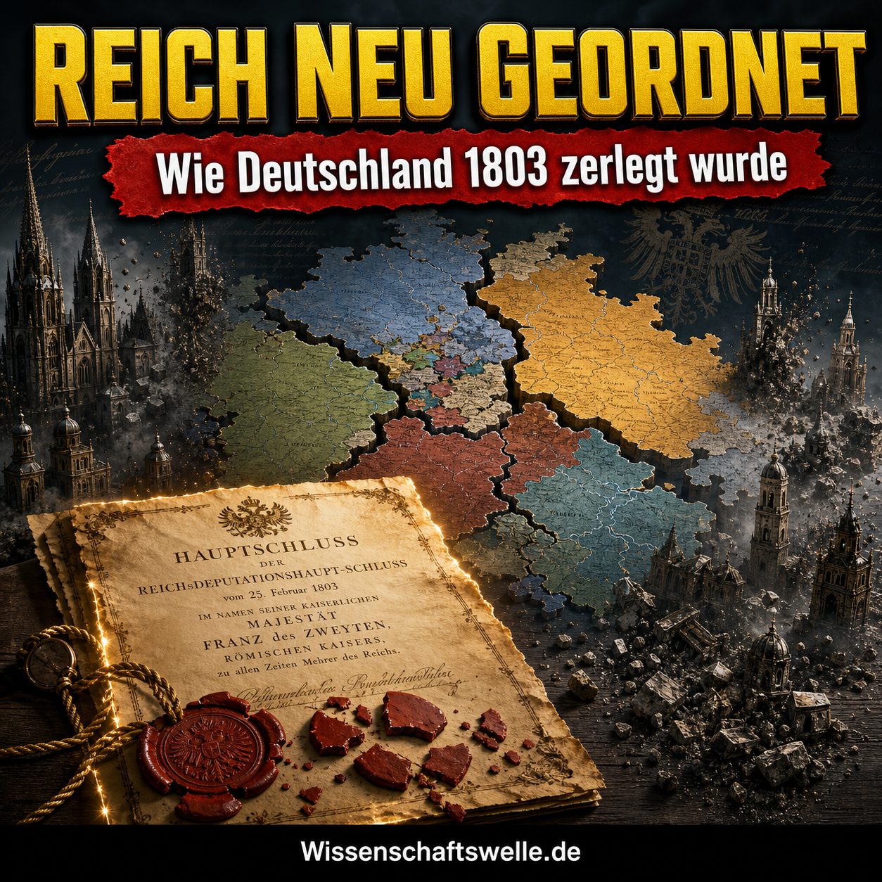 Quadratisches Cover mit einer zerbrechenden historischen Deutschlandkarte, einem leuchtenden Hauptschluss-Dokument mit rotem Wachssiegel sowie der gelben Überschrift „Reich neu geordnet“ und dem roten Banner „Wie Deutschland 1803 zerlegt wurde“.