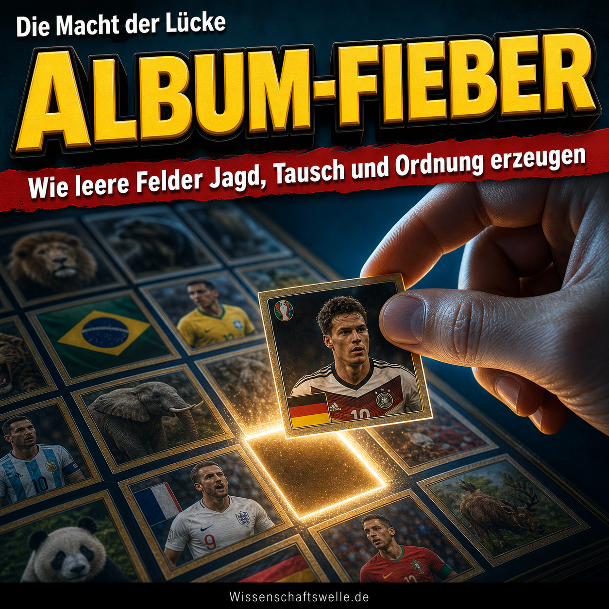 Eine Hand hält den letzten Sticker über ein fast vollständiges Sammelalbum, dessen leeres Feld hell aufleuchtet; um die Lücke liegen Tier- und Fußballbilder in geordneter Rasterform.