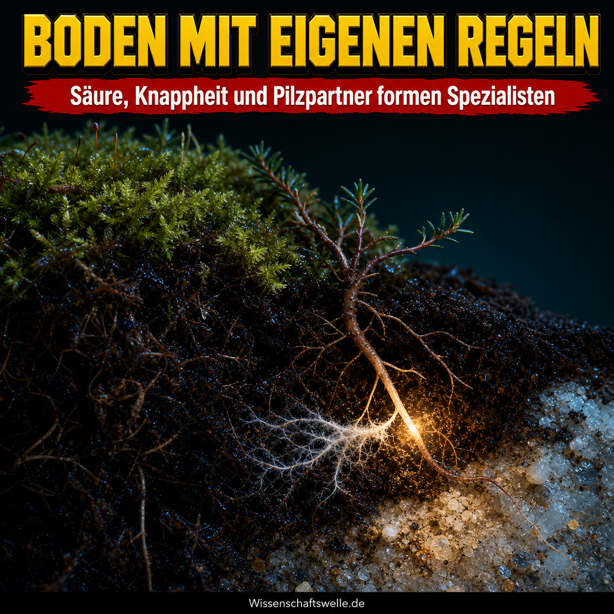 Aufgebrochenes Bodenprofil mit Torfmoos, Heidewurzel und leuchtender Pilzsymbiose im sauren Boden.