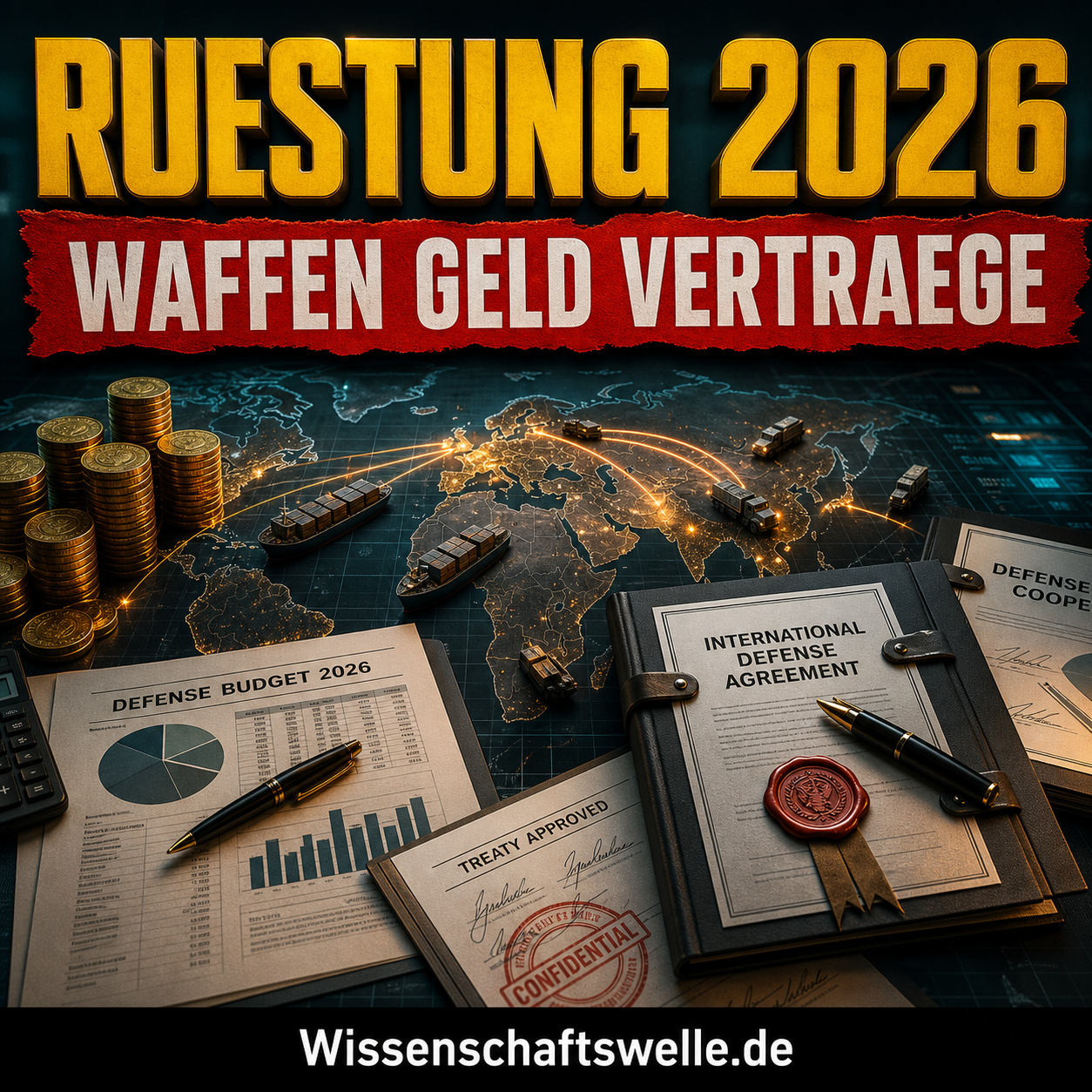 Quadratisches Cover mit gelber 3D-Schlagzeile „RUESTUNG 2026“, rotem Banner „WAFFEN GELD VERTRAEGE“, einer Weltkarte mit leuchtenden Waffenrouten, Münzstapeln und Vertragsmappen im Wissenschaftswelle-Stil.
