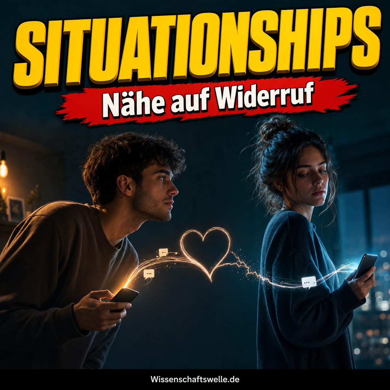 Zwei junge Erwachsene stehen mit Smartphones in spannungsvoller Distanz; zwischen ihnen leuchtet ein Herz aus Nachrichtenfäden unter den Worten „Situationships“ und „Nähe auf Widerruf“.