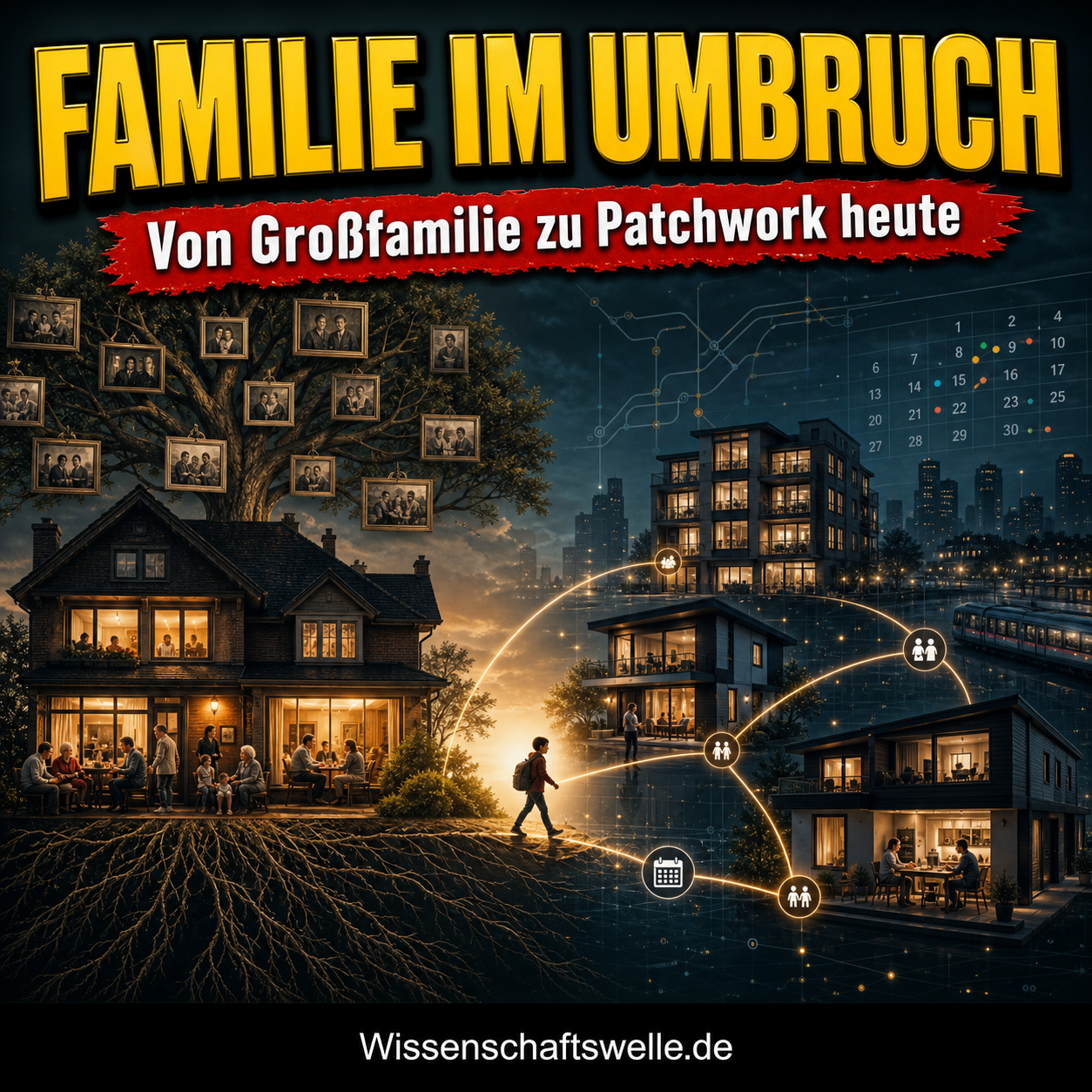 Eine alte Großfamilienvilla geht in ein Netzwerk moderner Haushalte über, verbunden durch leuchtende Linien, während ein Kind zwischen den Wohnorten unterwegs ist.