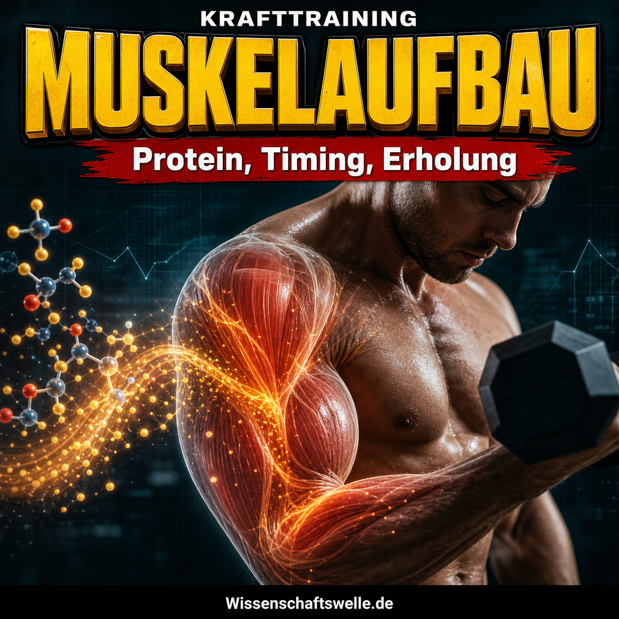 Quadratisches Cover mit einem Hantel trainierenden Mann, dessen transparent dargestellter Oberarm als leuchtende Muskelstruktur sichtbar wird, dazu die gelbe Überschrift „Muskelaufbau“ und das rote Banner „Protein, Timing, Erholung“.