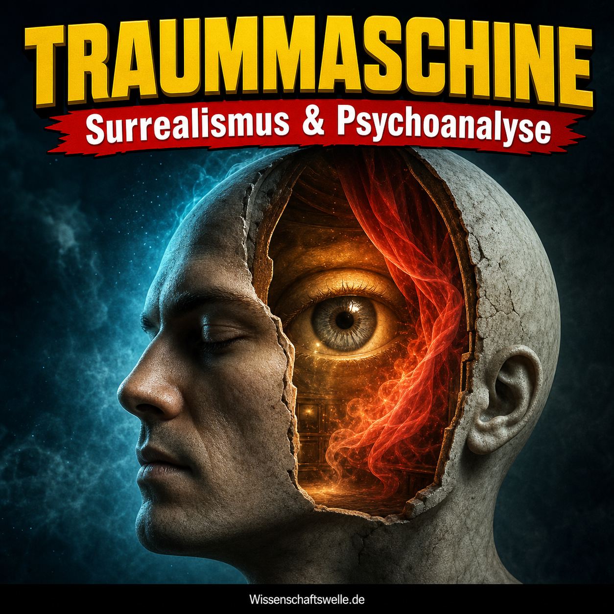 Aufgeschnittener menschlicher Kopf im Profil, in dessen Innerem ein großes Auge und roter Rauch leuchten; darüber die Texte „TRAUMMASCHINE“ und „Surrealismus & Psychoanalyse“.
