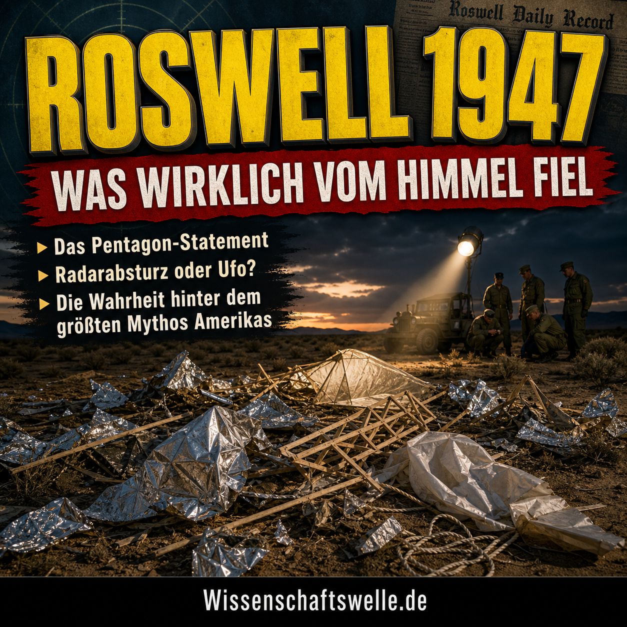 Nächtliche Wüstenszene bei Roswell mit verstreuten Ballon- und Radarreflektor-Trümmern, einem Militärjeep und Soldaten im Scheinwerferlicht unter dem Titel Roswell 1947.