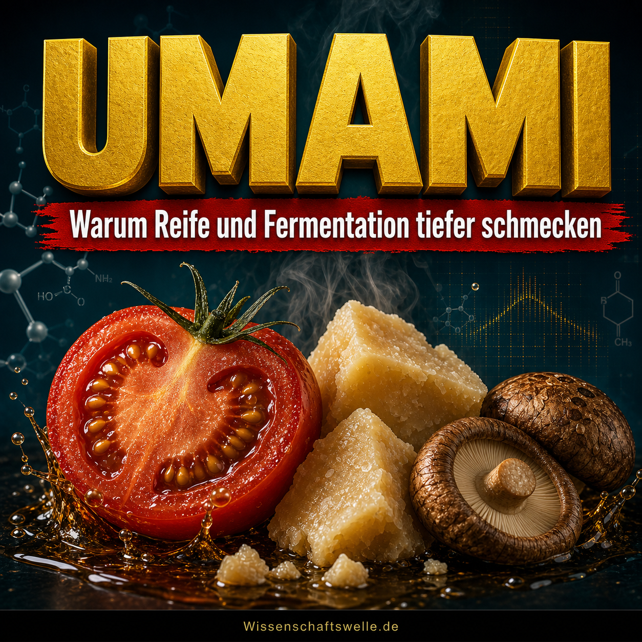 Titelbild zu Umami mit gelber 3D-Überschrift, rotem Banner sowie einer Tomatenhälfte, gereiftem Hartkäse und Shiitake-Pilzen vor dunklem wissenschaftlichem Hintergrund.