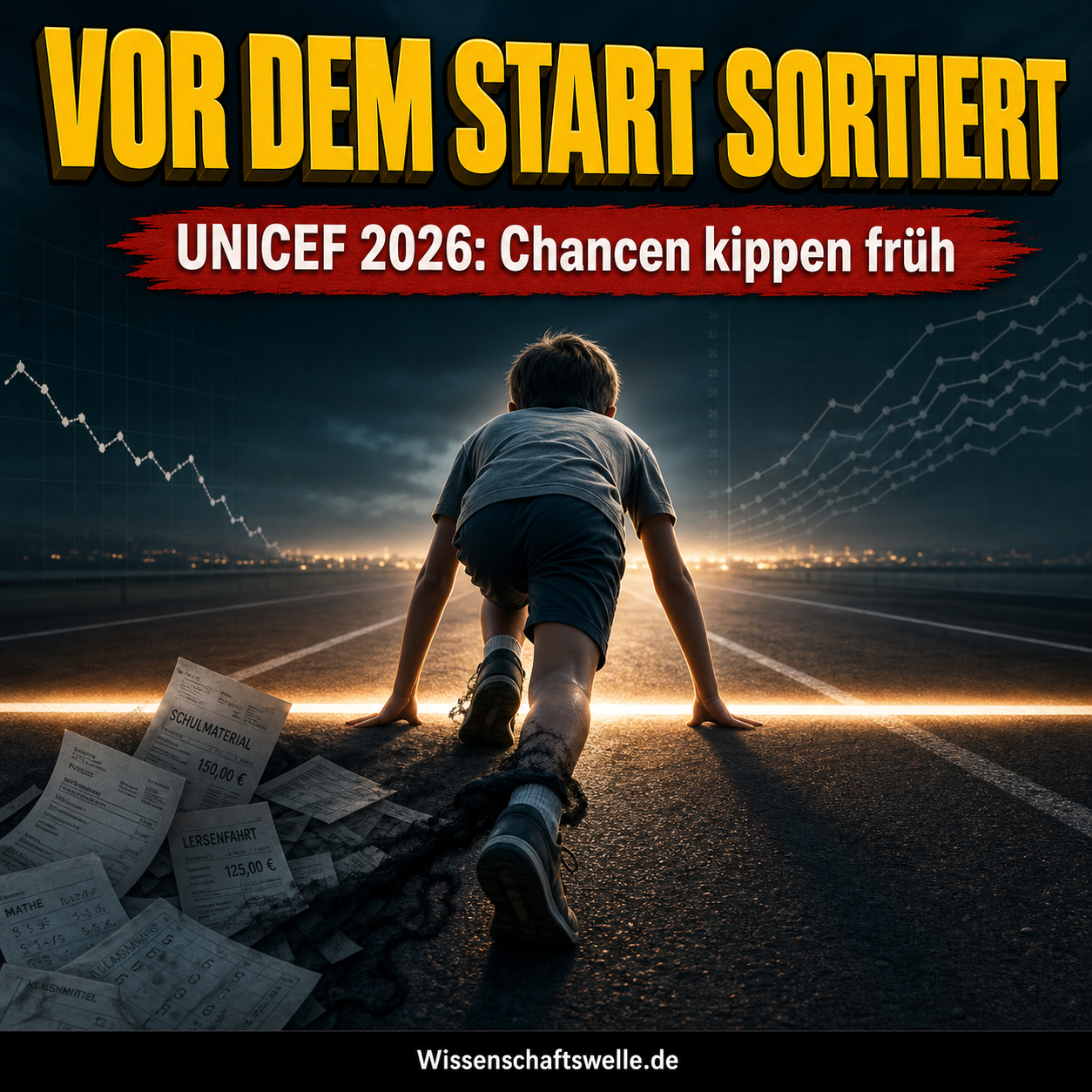 Dramatisches Wissenschaftswelle-Cover mit einem Kind vor einer Startlinie, schweren Schatten und Datenlinien zur Chancenungleichheit in Deutschland.