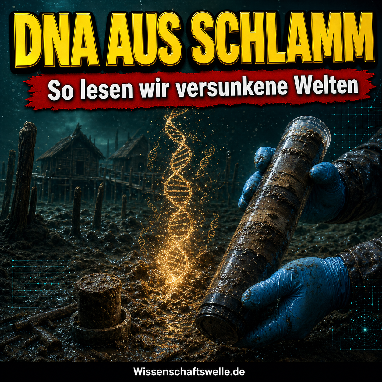 Unterwasserarchäologische Szene mit einem Sedimentkern im Vordergrund, aus dessen Schlamm eine leuchtende DNA-Helix aufsteigt; im Hintergrund zeichnen sich versunkene Holzpfähle und Siedlungsreste ab.