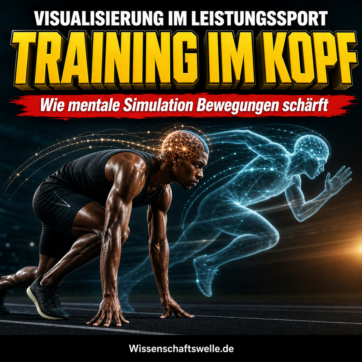 Quadratisches Wissenschaftswelle-Cover mit einem Sprinter im Startblock und einer leuchtenden, transparenten Doppelgestalt, die seine imaginierte Bewegung vorausnimmt. Darüber stehen die Texte „VISUALISIERUNG IM LEISTUNGSSPORT“, „TRAINING IM KOPF“ und im roten Banner „Wie mentale Simulation Bewegungen schärft“.