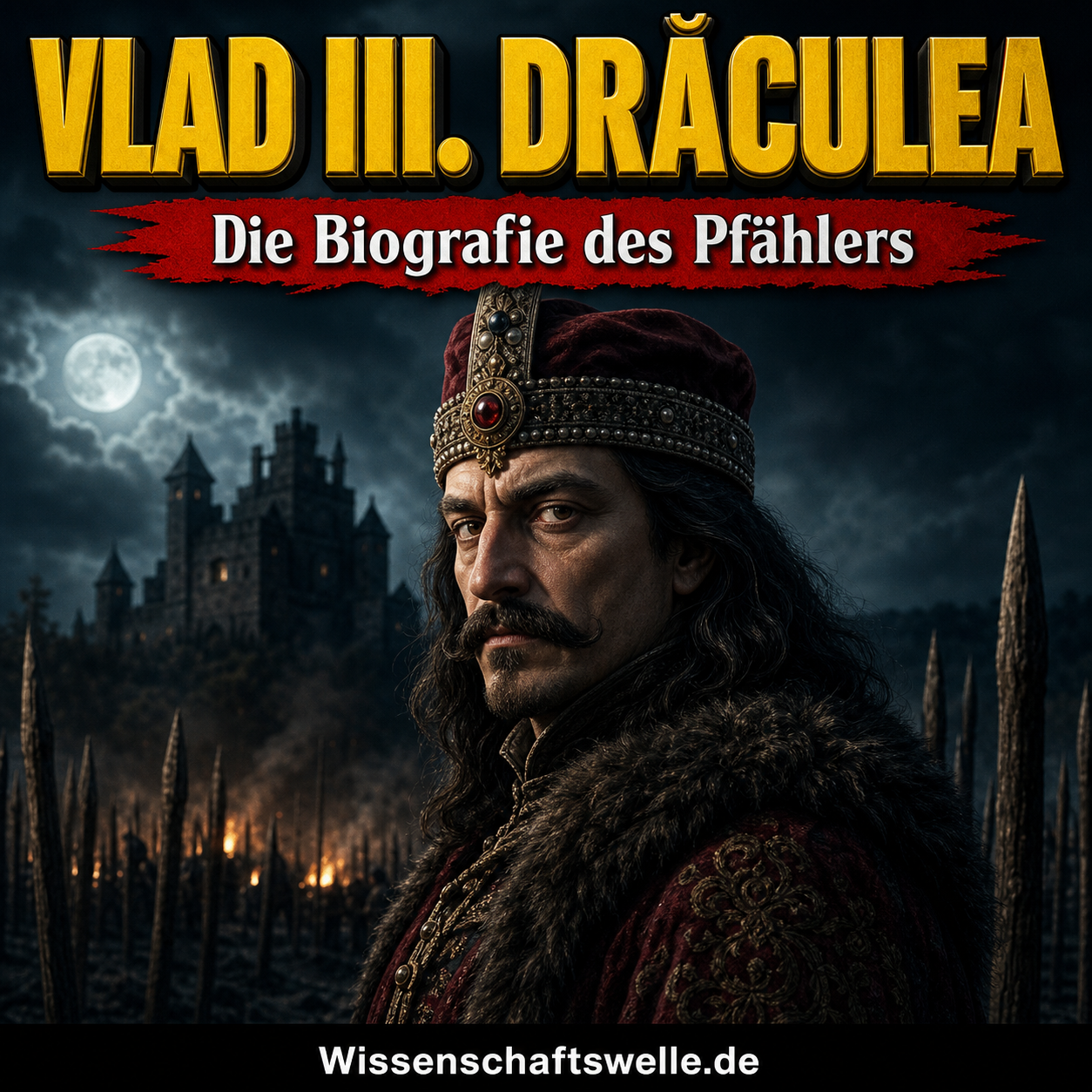 Quadratisches Titelbild mit einem finster beleuchteten Porträt von Vlad III. Drăculea in historischer Fürstenkleidung, darüber die gelbe Überschrift „VLAD III. DRĂCULEA“ und darunter ein roter Banner mit „Die Biografie des Pfählers“.