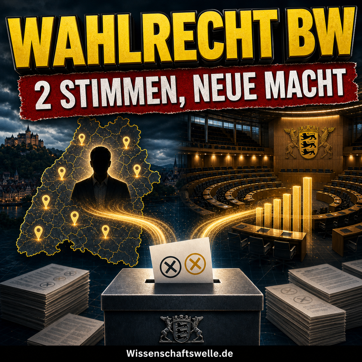 Eine stilisierte Wahlurne vor der Karte von Baden-Württemberg, darüber eine gelbe 3D-Schlagzeile zum neuen Wahlrecht und ein rotes Banner zur Machtlogik der zwei Stimmen.