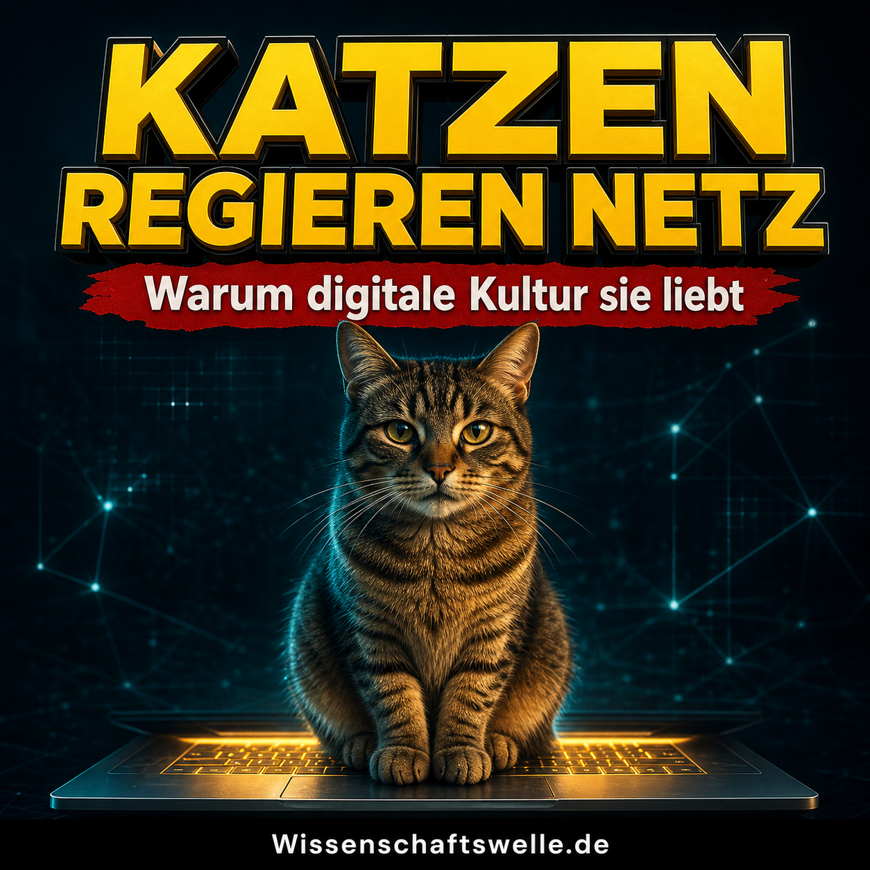 Eine aufmerksam blickende getigerte Katze sitzt auf einer leuchtenden Laptop-Tastatur vor digitalem Hintergrund. Darüber stehen die Schriftzüge „KATZEN REGIEREN NETZ“ und „Warum digitale Kultur sie liebt“.