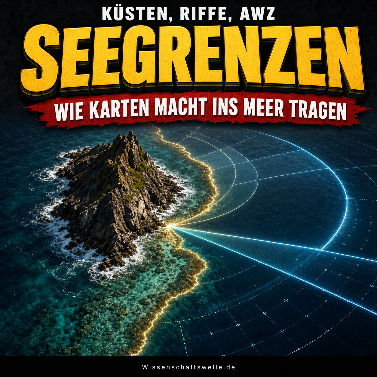 Quadratisches Cover mit felsiger Insel und leuchtenden maritimen Grenzbögen im Meer; darüber die Schlagzeile Seegrenzen und der Untertitel über Küstenkarten, Macht und das Meer.