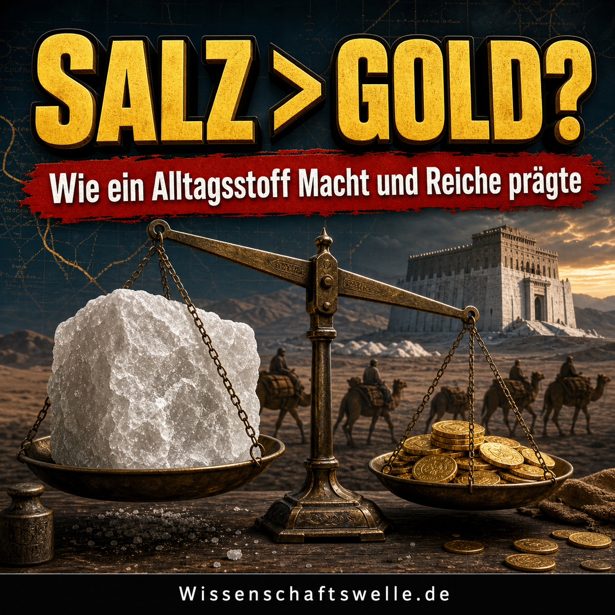 Große Salzblöcke und goldene Münzen in dramatischem Licht als Sinnbild für Handel, Knappheit und Macht.