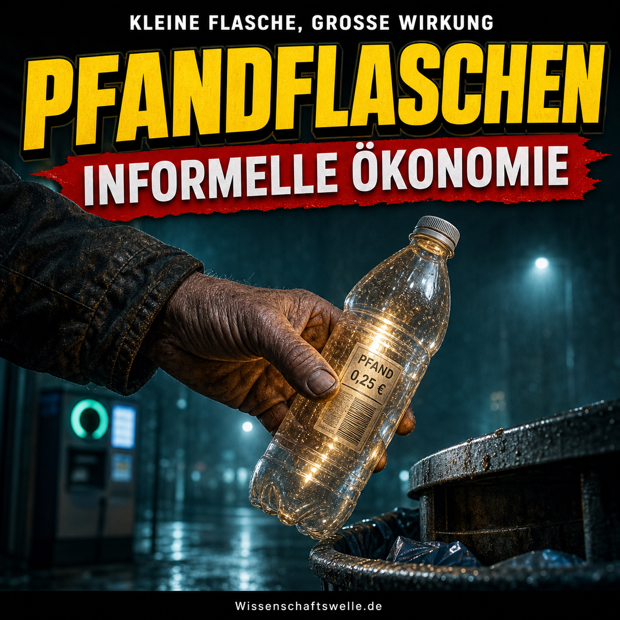 Eine verwitterte Hand hält nachts neben einem öffentlichen Mülleimer eine leuchtende Pfandflasche hoch; im Hintergrund verschwimmt ein Rückgabeautomat.