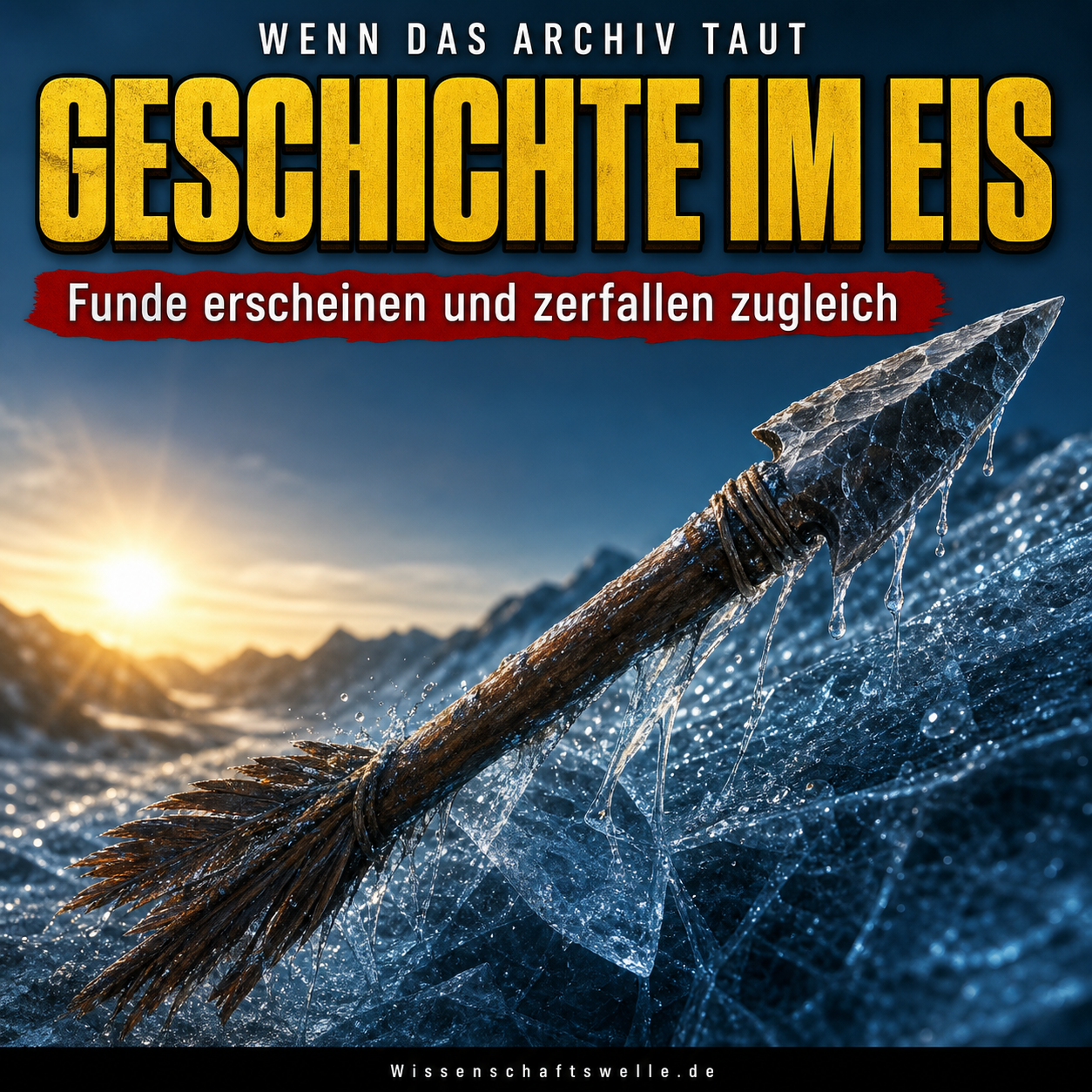 Ein uralter Pfeil mit Steinspitze bricht aus schmelzendem dunklem Eis vor alpiner Bergkulisse hervor.