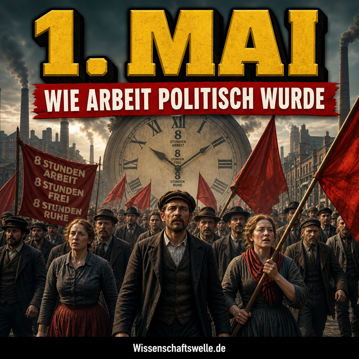 Historische Demonstration zum 1. Mai mit roten Fahnen, Arbeiterinnen und Arbeitern und einer großen Uhr als Symbol für den Kampf um den Achtstundentag.