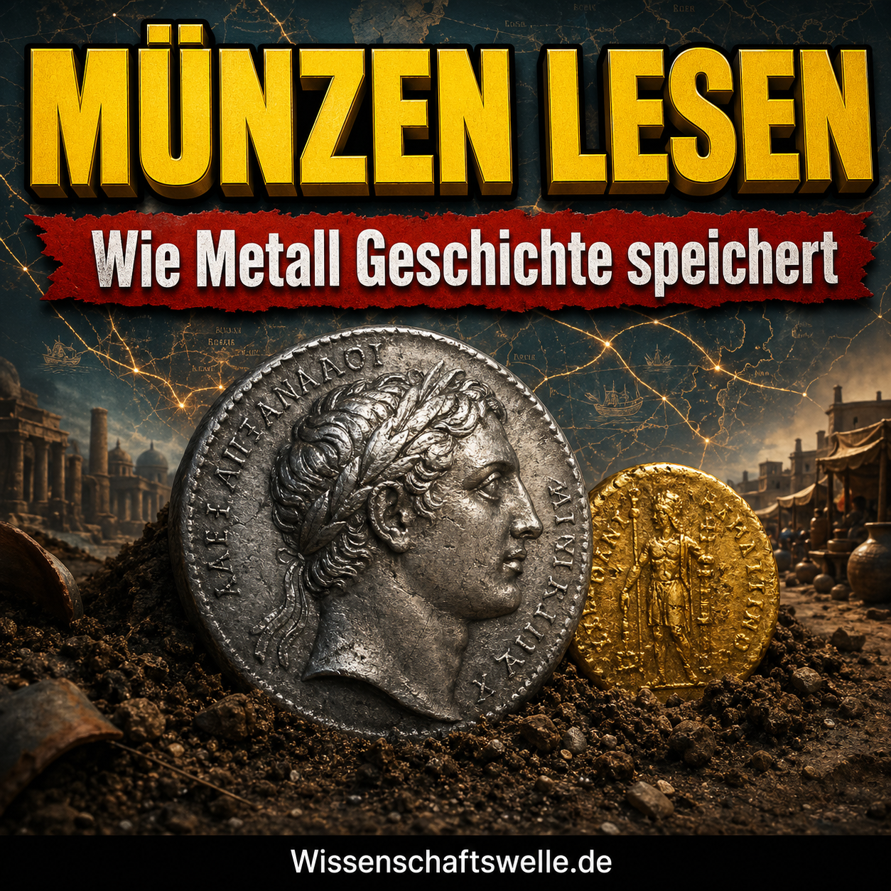 Zwei antike Münzen liegen vor dunkler Erde und alten Marktgebäuden; darüber stehen die Texte „MÜNZEN LESEN“ und „Wie Metall Geschichte speichert“ im Wissenschaftswelle-Stil.