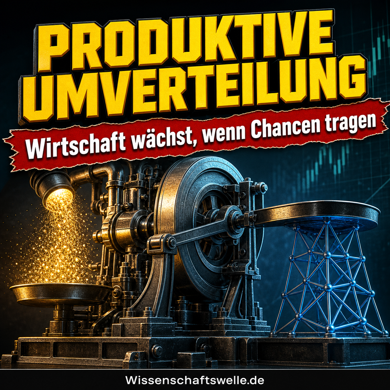 Wissenschaftswelle-Cover mit der Überschrift Produktive Umverteilung: Eine metallische Wirtschaftsmaschine wird von goldenem Kapitalfluss und blauem Stabilitätsnetz getragen.
