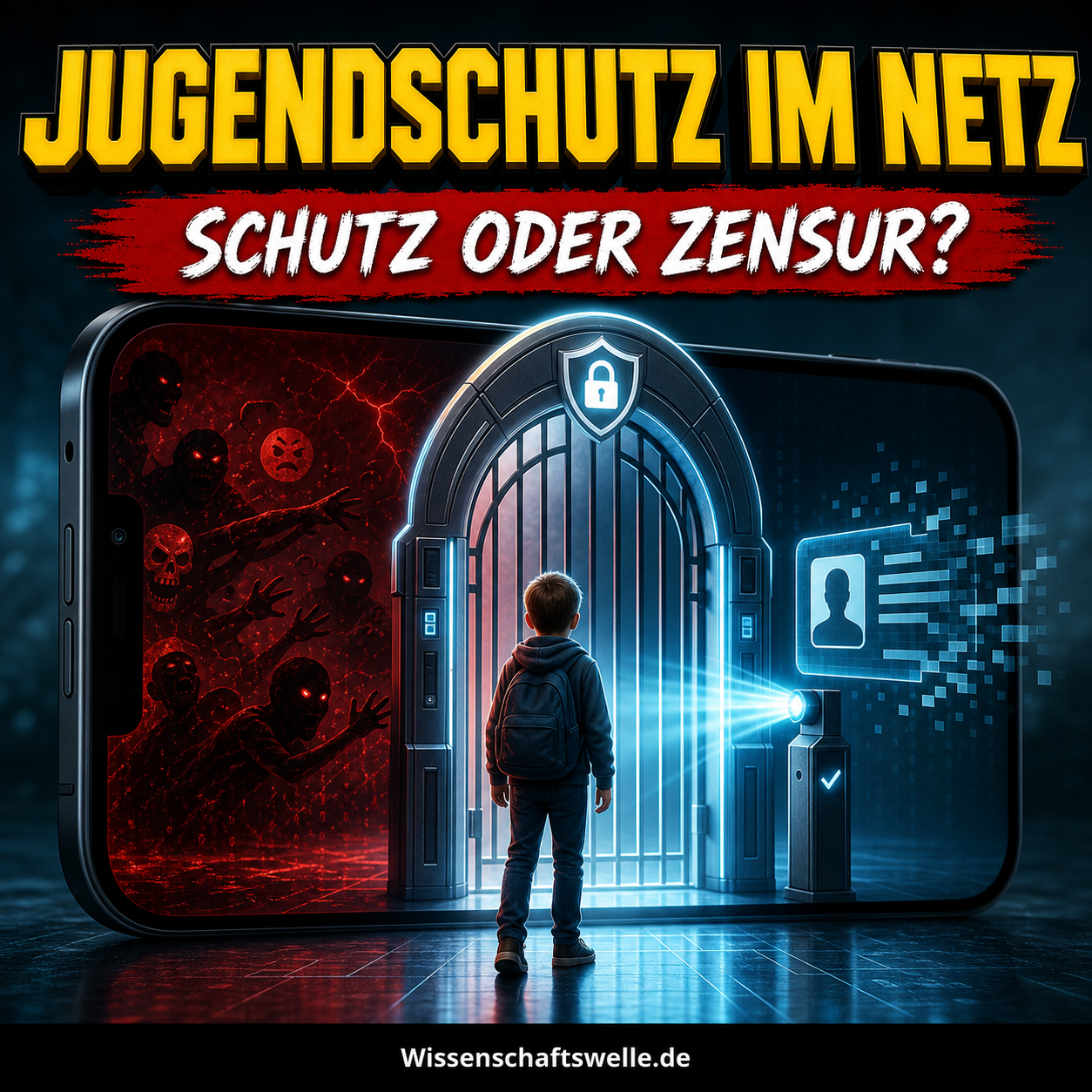 Quadratisches Cover mit der Überschrift „Jugendschutz im Netz“ und dem Banner „Schutz oder Zensur?“. In einem Smartphone steht ein Kind vor einem leuchtenden digitalen Tor, links drohen rote Schattenfiguren, rechts erscheint ein blauer Identitätsscan.